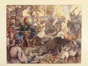 Resto do grande príncipe Vladimir II Monomakh na caça. A caça imperial na Rússia por N. Kutepov, de Viktor Mikhaylovich Vasnetsov
