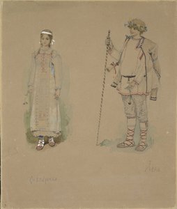 Donzela de neve e Lel. Figurino da ópera Snow Maiden de N. Rimsky-Korsakov, 1885 de Viktor Mikhaylovich Vasnetsov