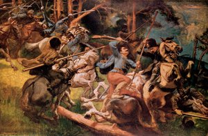 Hussardos húngaros e cossacos russos combatem nas montanhas dos Cárpatos em 1915 de Viktor Tardos