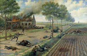 A Cavalaria Russa de Combate aos Alemães numa Aldeia em 1915, c.1915-16 (óleo sobre tela) de Viktor Viketyevich Masurovsky