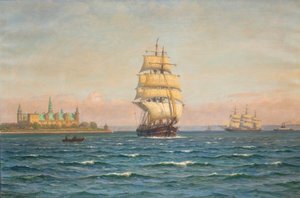 Navios à vela e um ferry ao largo de Kronborg. de Vilhelm Arnesen