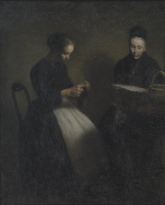 Noite na Sala de Desenho. A mãe e esposa do artista de Vilhelm Hammershøi