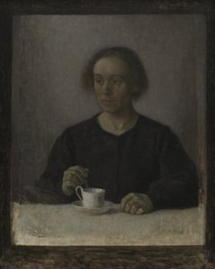 Ida Hammershøi, a esposa do artista, com uma xícara de chá de Vilhelm Hammershøi