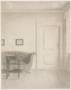 Interior com sofá e mesa pequena, t.h. uma porta de Vilhelm Hammershøi