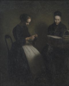 Noite na Sala de Desenho. A mãe e esposa do artista de Vilhelm Hammershøi