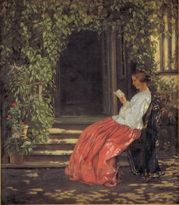 Senhora lendo do lado de fora de uma porta de jardim de Vilhelm Kyhn