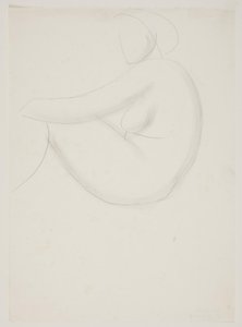 Modelo feminino sentado, visto de lado. Estúdio para mosaico na piscina Frederiksberg de Vilhelm Lundstrøm