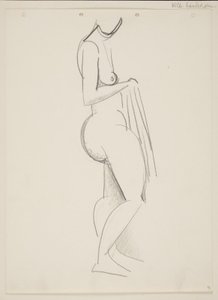 Mulher nua em pé, perfil à direita, cortinas na mão de Vilhelm Lundstrøm
