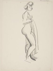 Mulher nua em pé, perfil à direita, cortinas na mão de Vilhelm Lundstrøm
