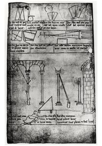 Ms.Fr.19093 fol.20v Figuras geométricas para construção, arcos e homem medindo a altura de uma torre (cópia de fac-símile)