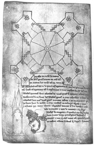 Ms 19093 fol.9v Cópia de fac-símile de um plano da torre da Catedral de Laon, a cabeça de um homem de barba e uma janela gótica