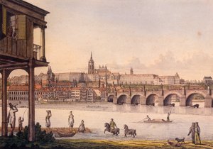 Vista do quartinho e Castelo de Praga Hradcany do banho de Papouek, 1825 (gravura colorida)