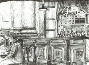 Café no Royal Exchange, Manchester, 2011, (tinta sobre papel) de Vincent Alexander Booth