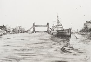 HMS Belfast no rio Tamisa Londres, 2006, (tinta sobre papel) de Vincent Alexander Booth