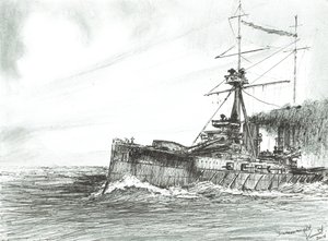 HMS Dreadnought no mar, 2017, (tinta no papel) de Vincent Alexander Booth