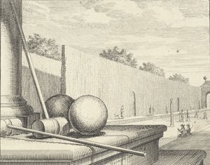 Atributos de croquet com jogadores de croquet ao fundo, 1714. de Vincent Laurensz Vinne van der