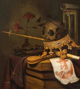 Uma Vanitas ainda vida com caveira, coroa, cetro, flauta, fole, ampulheta, cravos em um vaso de vidro, pergaminho, livro e um retrato gravado de Carlos I de Vincent Laurensz van der Vinne