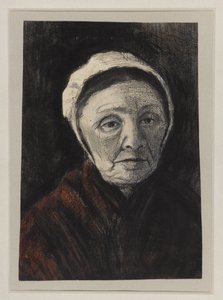 Cabeça de uma mulher idosa em um boné de Scheveninger, 1882-83 (carvão vegetal, giz preto e marrom sobre papel)
