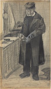 Homem polindo uma bota, 1882 (giz preto e cinza lavar, com branco aumentando em papel de wove) de Vincent van Gogh