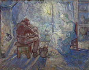 "Noite" (Noite) Família Camponesa em um Interior - Pintura de Vincent van Gogh (1853-1890) após Millet de Vincent van Gogh