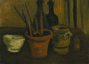 Ainda vida com escovas em um vaso de flores; Natureza morta com escovas em um vaso de flores, 1884 de Vincent van Gogh