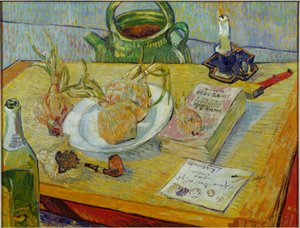 Natureza morta com prancheta, apito, cebola e lacre de Vincent van Gogh