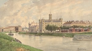 Weissgärber Lände em Viena com o Edifício Danúbio Steamship de Vincenz Havlicek