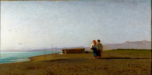 Vista da praia de Viareggio ao sol da manhã na costa da Toscana, duas silhuetas infantis. Pintura de Vincenzo Cabianca (1827-1902)