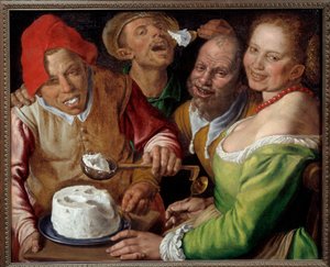 Comedores de Ricota Personagens com caras expressivas e grotescas comendo queijo com uma concha. Pintura de Vincenzo Campi (1536-1591)