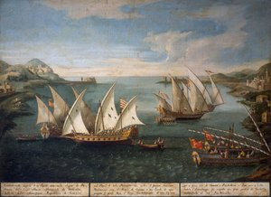 Batalha naval entre os navios venezianos de Marco Ivanovich Dobrota e os navios turcos ao largo de Patras a 17 de Abril