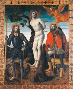 São Sebastião, São Rocco e São Giorgio, reverso da bandeira processional de Orzinuovi, de Vincenzo Foppa (ca1427 - ca151515), pintura sobre tela.