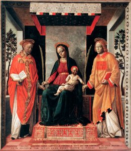 Virgem e Criança Cercada por Santos Faustin e Giovita (Faustino e Giovita Patronos de Brescia) Pintura de Vincenzo Foppa (ca. 1427-ca. 1515) Brescia, Pinacoteca Tosio Martinengo Itália