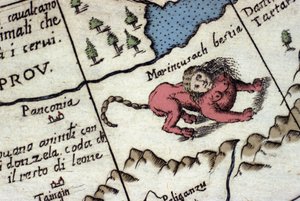 Representação de um manticore, uma criatura fantástica com uma cabeça humana (muitas vezes com chifres, olhos azuis e três filas de dentes), e um escorpião ou cauda de dragão e um corpo de leão. Detalhe de um mapa do mundo de Vincenzo coronelli (1650-1718)
