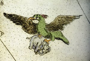 O pássaro gigante Rok carregando um elefante entre suas estufas para dá-lo aos seus filhotes, detalhe de um mapa mundial de Vincenzo coronelli (1650-1718). Século XVII