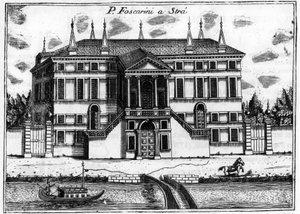 O palácio (Palazzo) Foscarini a Stra perto de Veneza. em "Singularidade de Veneza" de Vincenzo Coronelli (1650-1718).