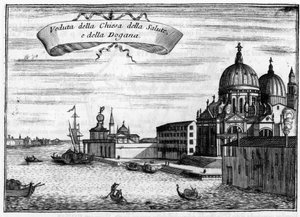 Veneza, Itália. A Igreja de Santa Maria della Salute, projetada pelo arquiteto Baldassare Longhena, e a Alfândega Marítima. Em "Singolarita di Venezia" de Vincenzo Coronelli (1650-1718).
