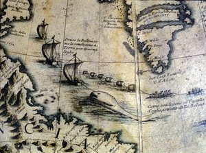 Caça à baleia: a baleia é trazida para terra para extrair petróleo. Do globo terrestre de Coronelli. Século XVII.
