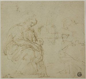 Esboços da Virgem e do Menino, Figura Sentada e Paisagem de Vincenzo Tamagni