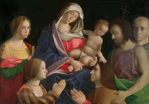Madonna e criança com São João Batista, dois santos e doadores de Vincenzo di Biagio (follower of) Catena
