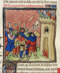 Detalhe de uma miniatura da Terceira Cruzada de Pastoureaux. Judeus jogando seus filhos de uma torre, depois de 1380
