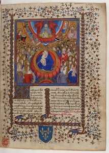Frontispício de um manuscrito da Legenda Áurea: A Virgem e o Menino rodeados pela Corte Celestial, recebendo a bênção de Deus Pai.
