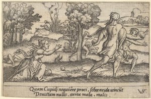Atalanta e Hipômenes, em primeiro plano Atalanta ajoelhada para apanhar uma maçã e..., ca. 1535-62.
