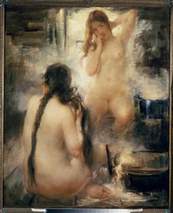 Dans un bain de vapeur (sauna) - Num banho de vapor - Duas mulheres jovens nuas penteando o cabelo e desfrutando dos benefícios do termismo tradicional russo - Pintura de Vitali Gavrilovich Tikhov (1876-1939), óleo sobre tela, início do século XX - Arte Ru de Vitali Gvrilovich Tikhov