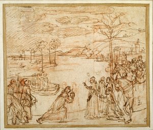 O Cardeal Bessarion apresenta a três representantes da Scuola della Carita em Veneza o relicário com um fragmento da Cruz Verdadeira (caneta e tinta sobre giz sobre papel) de Vittore Carpaccio