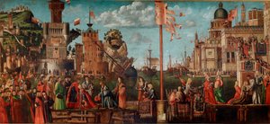 Ciclo da vida de Santa Úrsula, quarto episódio: O Encontro de Noivados e a Partida em Pelerinage. (óleo sobre painel de Vittore Carpaccio