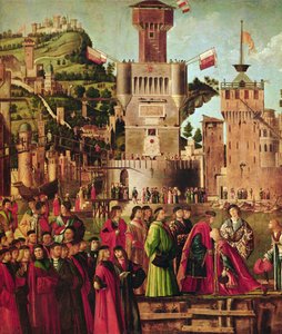 Detalhe do Encontro de Etério e Ursula e a Partida dos Peregrinos, do Ciclo de Santa Úrsula, c.1490-96 (detalhe de 56472) de Vittore Carpaccio