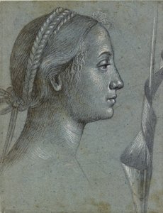 Cabeça de uma mulher com uma flâmula enrolada em um polonês, final do século XV de Vittore Carpaccio