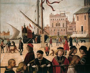 Itália, Veneza, Cenas da vida de Santa Úrsula (de Golden Legend de Jacobus de Voragine) Chegada dos embaixadores ingleses, porto de detalhes de Vittore Carpaccio