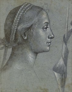 Recto: Cabeça de uma mulher com uma flâmula enrolada em torno de um pólo (giz preto com lavagem marrom, aumentada com bodycolour branco em papel azul-acinzentado pálido) de Vittore Carpaccio
