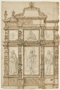 Estudo para um retábulo com seis quadros em uma estrutura ornamentada de molduras. Acima: A estigmatização de São Francisco, Madona e Menino, São Jerônimo no deserto; em baixo: São Lourenço, Sebastião e Rocha de Vittore Carpaccio